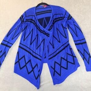 Say What Women’s Y2K Blue & Black Geometric Design Open Front Cardigan Sweater-M